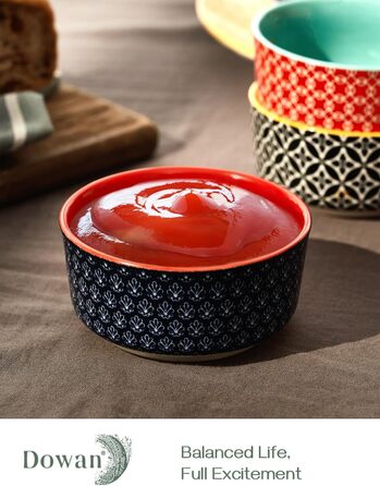 Порцелянові миски DOWAN, набір десертних мисок 176 мл з 6 шт. з кришкою - штабельована миска для соусу, закусок, десерту, тапас, крем-брюле Різнокольорові, придатні для миски в посудомийній машині та мікрохвильовій печі