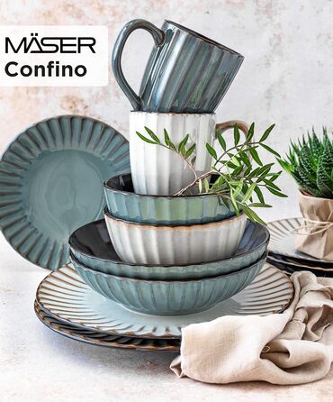 Набор посуды MSER серии 931966 Confino на 4 персоны в современном винтажном стиле, Сервиз для завтрака из 12 предметов из керамики бирюзового цвета с черными акцентами, Сервиз для кофе из керамогранита Teal