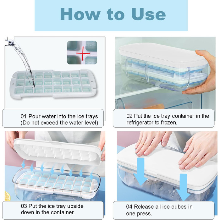Форма для кубиків льоду, безпечна для харчових продуктів форма для кубиків льоду з кришкою та контейнером, видаляє всі кубики льоду за одну секунду, 64 кубики льоду (Синя форма для кубиків льоду) (Біла)