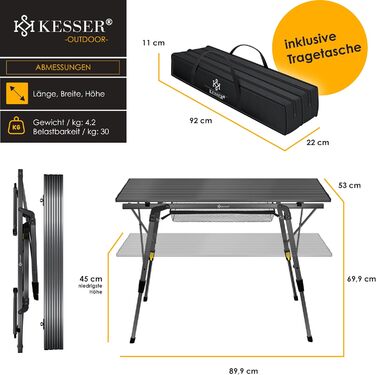 Складной стол для кемпинга KESSER Складной стол с алюминиевой рамой Рулонная столешница Складной стол Регулировка высоты, включая сумку для переноски с ремнем для переноски 90 x 53 см - до 30 кг, (90 см x 53 см, антрацит)