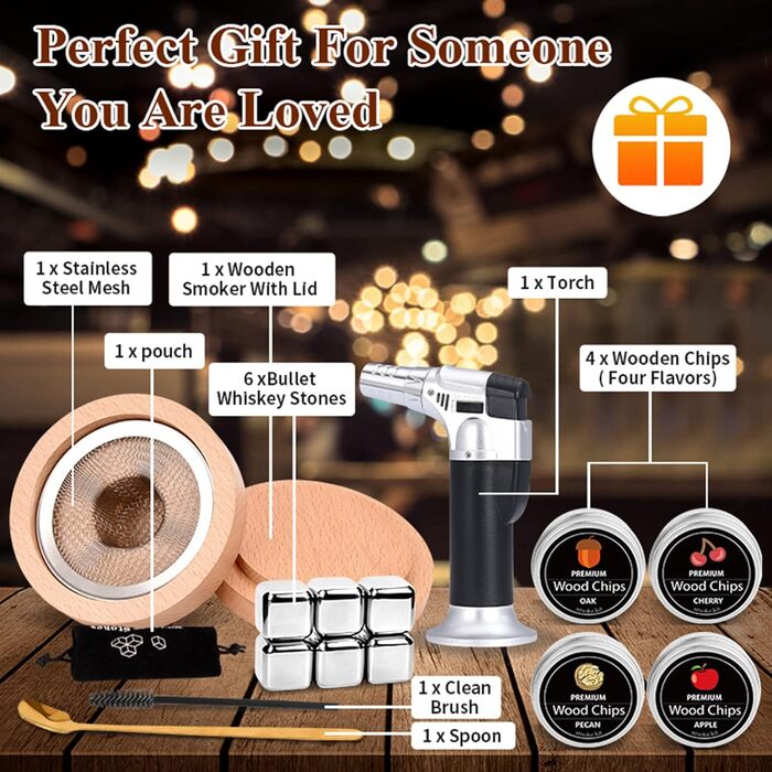 Набір для куріння коктейлів, набір для куріння віскі MKNZOME з 4 копченими коктейльними коптильнями, тирсою, подарунком на День батька, аксесуарами для коктейлів, для димних коктейлів, вина, напоїв, бурбону, кави, м&39яса (A01)
