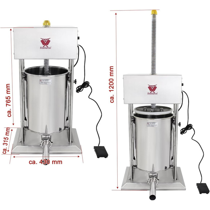 Промислова машина для наповнення ковбас Beeketal &39BTH07&39 з нержавіючої сталі (об&39єм 7 л/горизонтальна конструкція), професійна машина для наповнення ковбас з 2-швидкісним повністю металевим механізмом і рукояткою, включаючи 5 насадок для напов