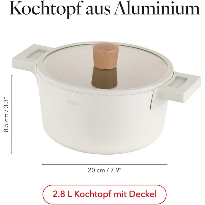 Алюмінієва каструля FLORINA 16 см 1,6 л Підходить для індукції Керамічне покриття, стійке до подряпин М&39яка ручка під дерево Термостійка Для всіх варильних поверхонь Легко миється (NUBE, 2,8 л - 20 см)