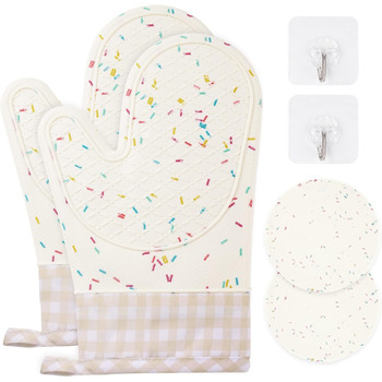 Набір рукавичок для духовки AUAUY, 1 пара силіконових рукавичок для духовки з 2 тримачами для каструль, нековзні кулінарні рукавички, термостійкі рукавички для духовки, рукавички для кухні, приготування їжі, випічки, гриля, барбекю (білі)