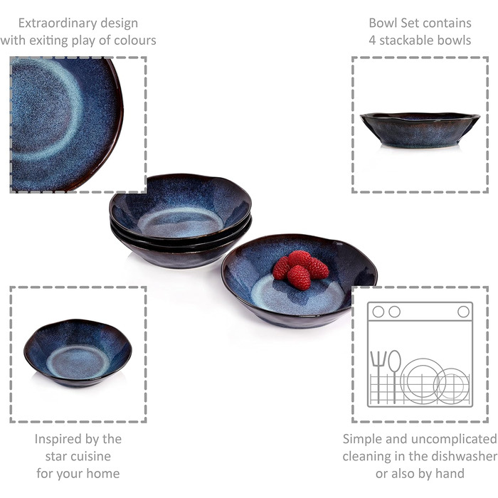 ПЕВЕЦ Тарелка для пасты Токио 4 шт., Тарелка для спагетти на 4 персоны, Набор посуды из керамогранита Макароны, Тарелка для лапши, Посудомоечная машина, Миска для пасты ручной работы, Миска для макарон сине-черная с коричневыми акцентами 1,2 л (суповая та