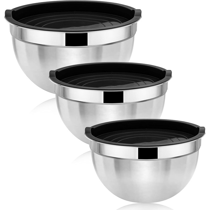 Набір мисок для змішування Herogo з 3 шт. , гніздова миска з нержавіючої сталі з чорними герметичними кришками, металеві миски для салату для приготування їжі, нетоксичні та нержавіючі, придатні для миття в посудомийній машині (4.5/2.7/1.5 QT)