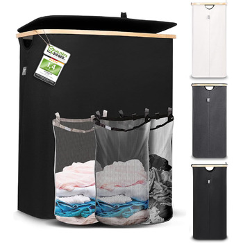 Ящик для білизни Hennez 150 л - Кошик для білизни 3 відділення - з кришкою - Сортувальник білизни з мішком для білизни - Кошики для білизни - Чорний бамбук - Контейнер для білизни - Система сортування білизни - Збірник білизни 2) Чорний 150л