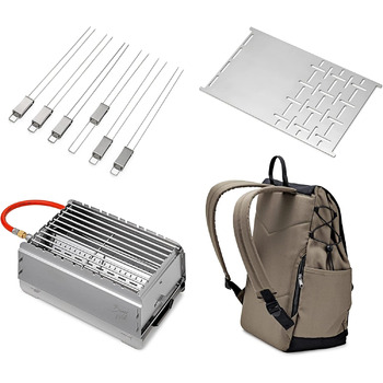 Мобільний газовий гриль Bruzz Willi BW1.1 на 50 мбар, велосипедний рюкзак з охолоджувальним відділенням, легке складання та розбирання, пальник 3,5 кВт, знімний піддон для жиру, включаючи мультиінструмент (BW1.1 з планкою та шампурами)