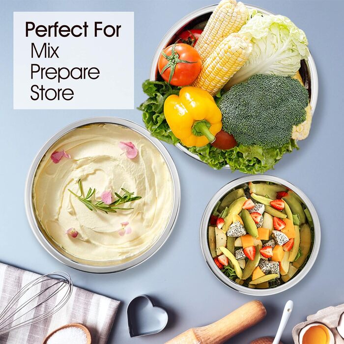 Набір мисок для змішування Herogo з 3 шт. , гніздова миска з нержавіючої сталі з чорними герметичними кришками, металеві миски для салату для приготування їжі, нетоксичні та нержавіючі, придатні для миття в посудомийній машині (4.5/2.7/1.5 QT)