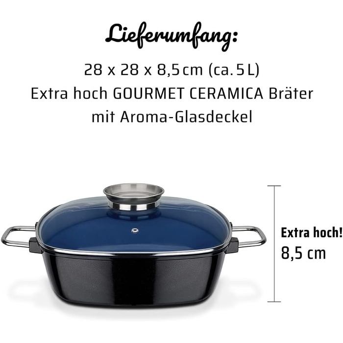 Квадратна жаровня GSW Ceramica високоякісна жаровня з кришкою, ідеально підходить для тушкування, приготування на пару та смаження, також підходить для індукції та використання в духовці синя, литий алюміній, 5 літрів