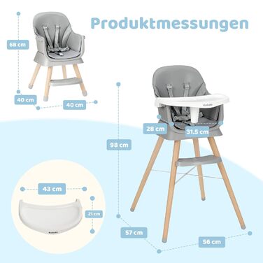 Дитячий стільчик для годування Ezebaby 6 в 1, бустер, барний стілець, багатофункціональний стільчик для годування, дерев&39яні ніжки, з 5-точковим ременем безпеки, підставкою для ніг, знімним підносом для дітей від 6 місяців (сірий)