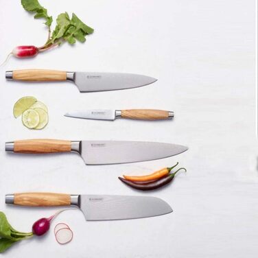 Ніж для овочів, 9 см дамаська сталь, оливкове дерево Le Creuset