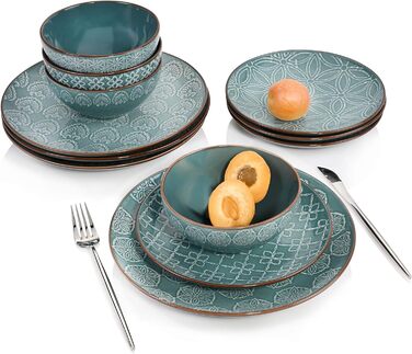 СПІВАЧКА Обідній сервіз Faro Stoneware, набір посуду з 12 предметів на 4 персони, унікальний і квітковий візерунок 12 шт.
