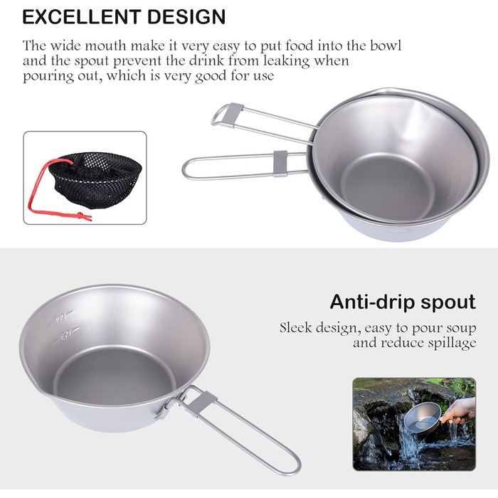 Титанова чаша для кемпінгу зі складною ручкою 450 мл iBasingo