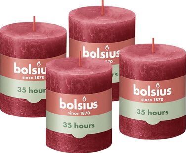 Свічки Bolsius Rustic Pillar - Оливково-зелені - Набір з 4 шт. - Декоративні побутові свічки - Час горіння 60 годин - Без запаху - Натуральний рослинний віск - Без пальмової олії - Оливково-зелені (8 x 7 см, червоні)