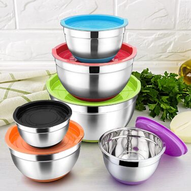 Набір мисок для змішування Herogo з 6 шт. , набір салатниць з нержавіючої сталі з герметичною кришкою та нековзним дном, чудово підходить для приготування/випічки/зберігання/сервірування, штабельований, 0,7 л/1,2 л/1,4 л/2 л/3,3 л/6,7 л барвистий
