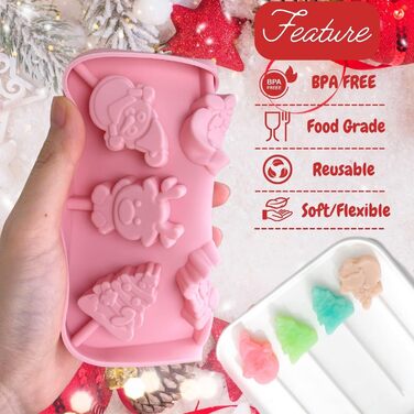 Силіконова форма для шоколаду - 8 отворів, ялинка, олень, сніговик та Санта-Клаус, форми для льодяників на паличці для домашнього шоколаду, цукерок, желе, з 20 паличками (1 упаковка)