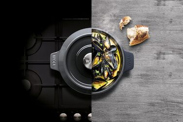 Чавунна каструля Ø 24 см, синього кольору, з кришкою та силіконовими ручками емальований чавун, підходить для індукції та духовки для всіх типів плит Ø 24 см, висота 11 см, 4,2 літра (сіра, Ø 20 см, 11 см, 2,8 літра)