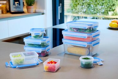 Набір контейнерів для зберігання продуктів EMSA Clip & Close, прямокутні, 5 x 0,8 л, коробки для зберігання, 100 герметичні, придатні для миття в посудомийній машині, морозильній камері та мікрохвильовій печі, прозорі, сині, зроблені в Німеччині, N10307 (