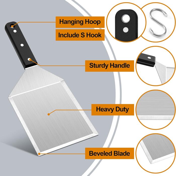 Лопатка для бургерів Herogo, нержавіюча сталь, велика металева лопатка зі скошеними краями, зламаний фліппер для бургерів Лопатка для гриля для перевертача барбекю, міцна та міцна ручка, включаючи S-подібний гачок, 31 x 13 см