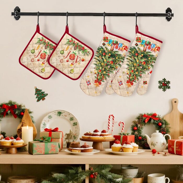 Набір з 2 різдвяних рукавичок для духовки та прихваток Arquiel, 100 бавовняні кулінарні рукавички, термостійкі кухонні рукавички для приготування їжі, різдвяний декор для кухні, подарунки для жінок (різдвяна ялинка 01, рукавички для духовки*2 прихватки*2)