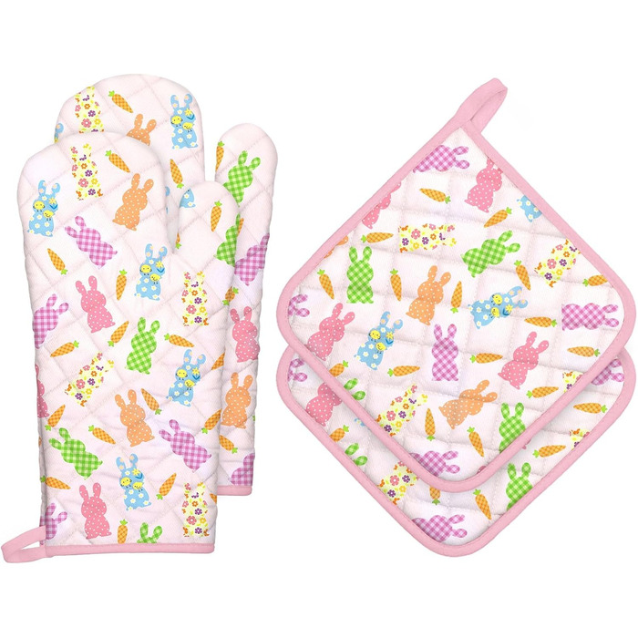 Різдвяний набір із 2 рукавичок для духовки та прихваток Arquiel, 100 бавовняні кулінарні рукавички, термостійкі кухонні рукавички для приготування їжі, різдвяні подарунки на кухню для жінок (Великдень 03, рукавички для духовки*2 прихватки*2)