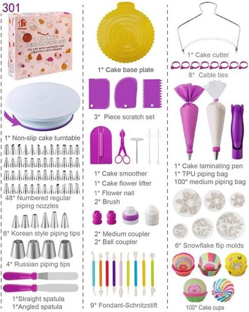 Набір аксесуарів для торта Nifogo, 301 предмет, аксесуари для випічки, аксесуари для декорування тортів з обертовою підставкою, кондитерський мішок, кондитерські насадки, шпатель для початківців (B-фіолетовий)