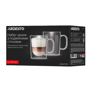 ARDESTO Набір чашок з ручками і подвійними стінками, 270мл, 2шт, боросилікатне скло, прозорий
