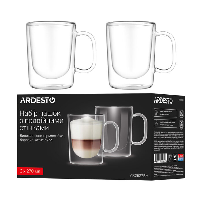 ARDESTO Набір чашок з ручками і подвійними стінками, 270мл, 2шт, боросилікатне скло, прозорий