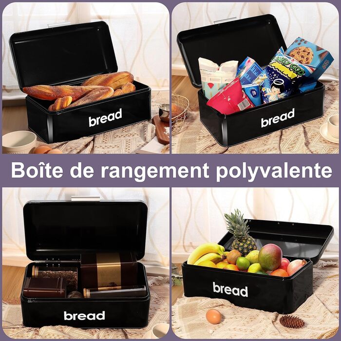 Хлібниця Herogo, Чорна хлібниця з відкидною кришкою, вінтажна металева коробка для зберігання Контейнер для хліба, тостів, печива, великої місткості та сучасного дизайну (42 x 22,5 x 16 см)
