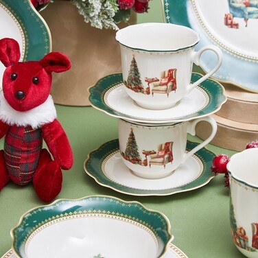 Набір з 2-х кухлів Fissman 250 мл CHRISTMAS EVE з блюдцями порцеляна (13760)