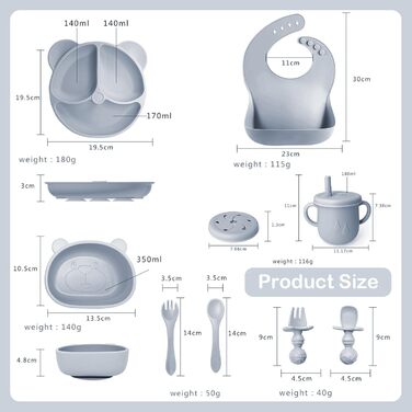 Силіконовий набір дитячого столового посуду Bizcasa з 9 предметів, нековзкий набір дитячого столового посуду, дитячий столовий посуд із присоскою, нековзна дитяча миска, дитяча тарілка, дитячий набір столових приборів для малюків, без BPA (сірий)