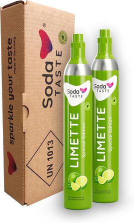 Набір із 2 змінних CO2-балонів SodaTASTE (змінний) для газованок, з натуральним м&39ятним смаком, без сиропу, для приготування до 120 л ароматизованої газованої води, без цукру (УВАГА потрібні 2 порожні балони) (Лайм)