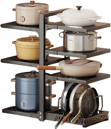 Органайзер для каструль HIMKI для шафи з регульованими відділеннями, тримач для каструль 4/5/7 рівнів, підставка для каструль з тримачем для кришки для кухонної шафи (7 рівнів, чорний)
