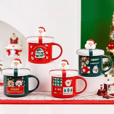 Різдвяний кухоль 400 мл з кришкою та ложкою, зелений з принтом сніговика SuperglockT