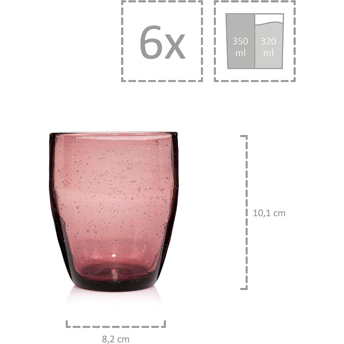 Набор бокалов для питья Singer Porto Набор стеклянных бокалов из 6 предметов на 6 человек, стакан для воды, разноцветный, уникальная огранка, повседневный, семейный ужин, офис, набор стаканов для сока на открытом воздухе 310 мл (London Purple 6 шт.)