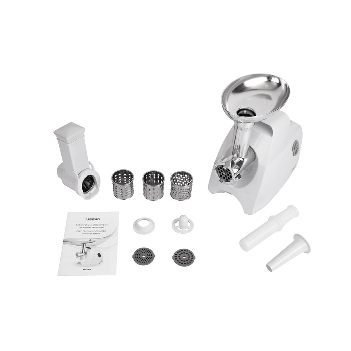 ARDESTO М'ясорубка, 1900Вт, 1.8кг/хв, 3 решітки, насадка для ковбас, кеббе, 4 терки, пластик, білий