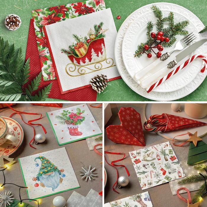 Серветки 3-шарові (33 x 33 см) I 20 шт. I Різнокольорові паперові серветки, ідеальні для різдвяного столу I Серветки - Різдво, зима, зірки, сніг, сніговики I (Радісне коло Санта Клауса)