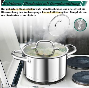 Велика каструля TEAMFAR, каструля з нержавіючої сталі, індукційна плита, скляна кришка, 3-шарове дно для всіх типів плит, каструля для пасти 26 см, каструля для м&39яса, без покриття та нетоксична, можна мити в посудомийній машині (5,7 літра)