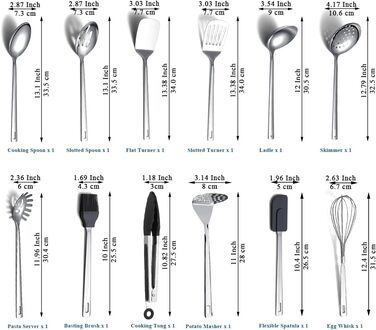 Набір кухонного начиння ReaNea з нержавіючої сталі, 26 предметів, міцний кухонний набір інструментів з гачками, набір металевих лопаток, міцне дзеркально-поліроване кухонне начиння для всіх кулінарних завдань