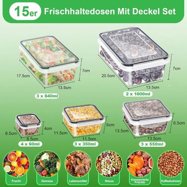 Набір з 15 контейнерів для зберігання продуктів з кришками Kottwca