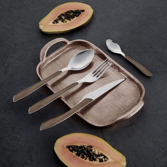 Набор столовых приборов Amefa ECLAT Nature, 24 предмета, набор столовых приборов на 6 человек, коричневые пластиковые ручки под дерево, можно мыть в посудомоечной машине, столовые приборы из нержавеющей стали, светлое дерево (темное дерево)