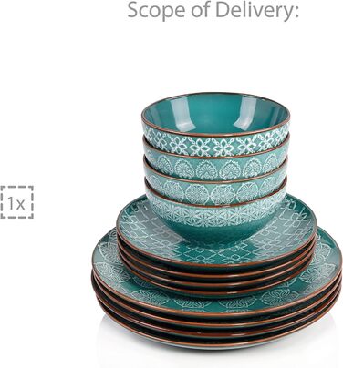 СПІВАЧКА Обідній сервіз Faro Stoneware, набір посуду з 12 предметів на 4 персони, унікальний і квітковий візерунок 12 шт.