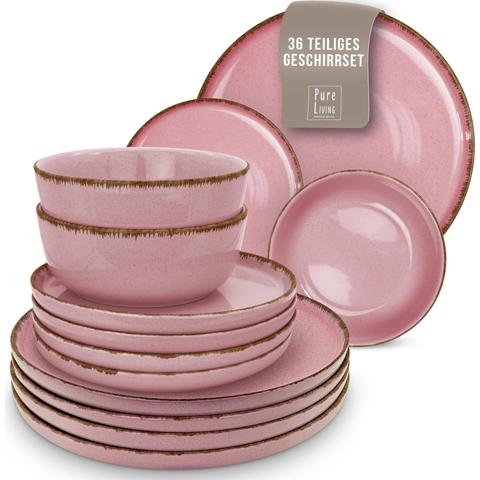 Набір посуду з керамограніту 6 персон Рустик 24 шт. - Набір посуду в сільському стилі, можна мити в посудомийній машині - Набір мисок і тарілок - Чистий живий посуд в (набір 36 предметів, рожевий)