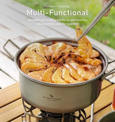 Кемпінг Пароварка Каструля Титановий бульйон Набір сковорідок Посуд для подорожей на відкритому повітрі Ультралегка каструля для супу Портативний набір для пікніка для походів зі складною ручкою (1.8-літровий паровий горщик і 1.5-літровий набір каструль T
