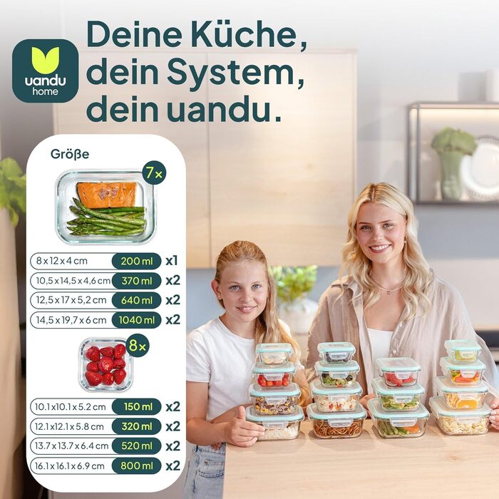 Скляні контейнери uandu з кришками, набір з 10 предметів, банки для приготування їжі, скляні контейнери для зберігання продуктів з кришками, набір скляних банок з кришками, скляні коробки для приготування їжі (зелені, набір з 15 шт. )