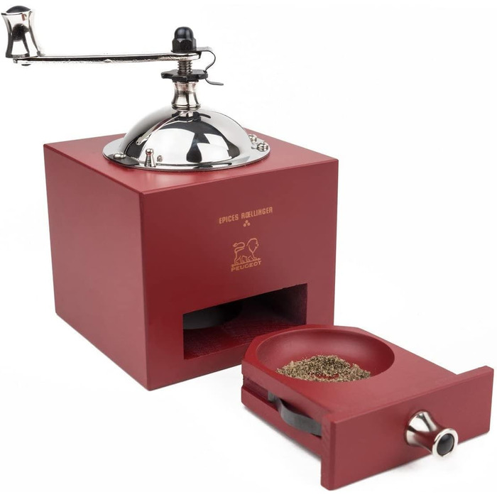 Млин для перцю Roellinger 13 см - Натхненний традиційною кривошипно-шатунною фрезою Peugeot з шухлядою - Виготовлений з деревини, сертифікованої PEFC - (червоний перець чилі)