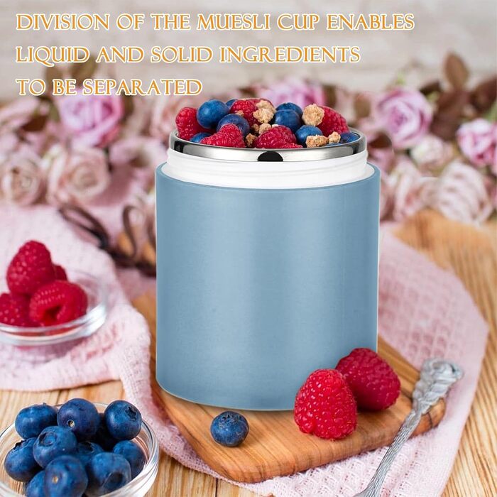 Стаканчик для пластівців Chedin з кришкою, стаканчик для каші з нержавіючої сталі 730 мл, герметичний стаканчик для йогурту з ложкою та кришкою, двошарові герметичні банки Мейсон, ідеально підходять для роботи (сині)