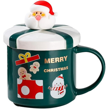 Різдвяний кухоль 400 мл з кришкою та ложкою, зелений з принтом сніговика SuperglockT
