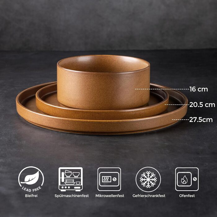 Набір посуду LeRatio для 6 осіб, 18-предметний набір керамічного посуду, керамічна миска та тарілка, стійкі до подряпин (18-предметний набір, бурштиновий)